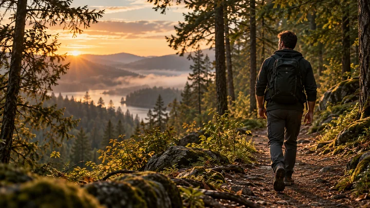 Vater geht im warmen Morgenlicht einen ruhigen Waldweg entlang